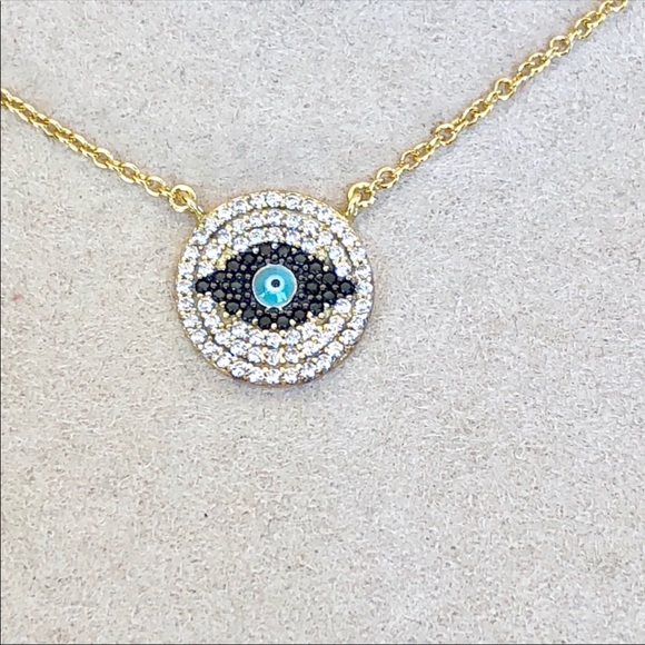EVIL EYE LUCKY Sterling Silver Gold Plated Cz Rhinestone Adjustable Necklace NWT - Picture 2 of 8